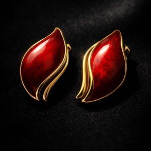 Vintage 80s Red Pearlescent Enamel Gold Wave Stud Earrings Statement Bold Retro